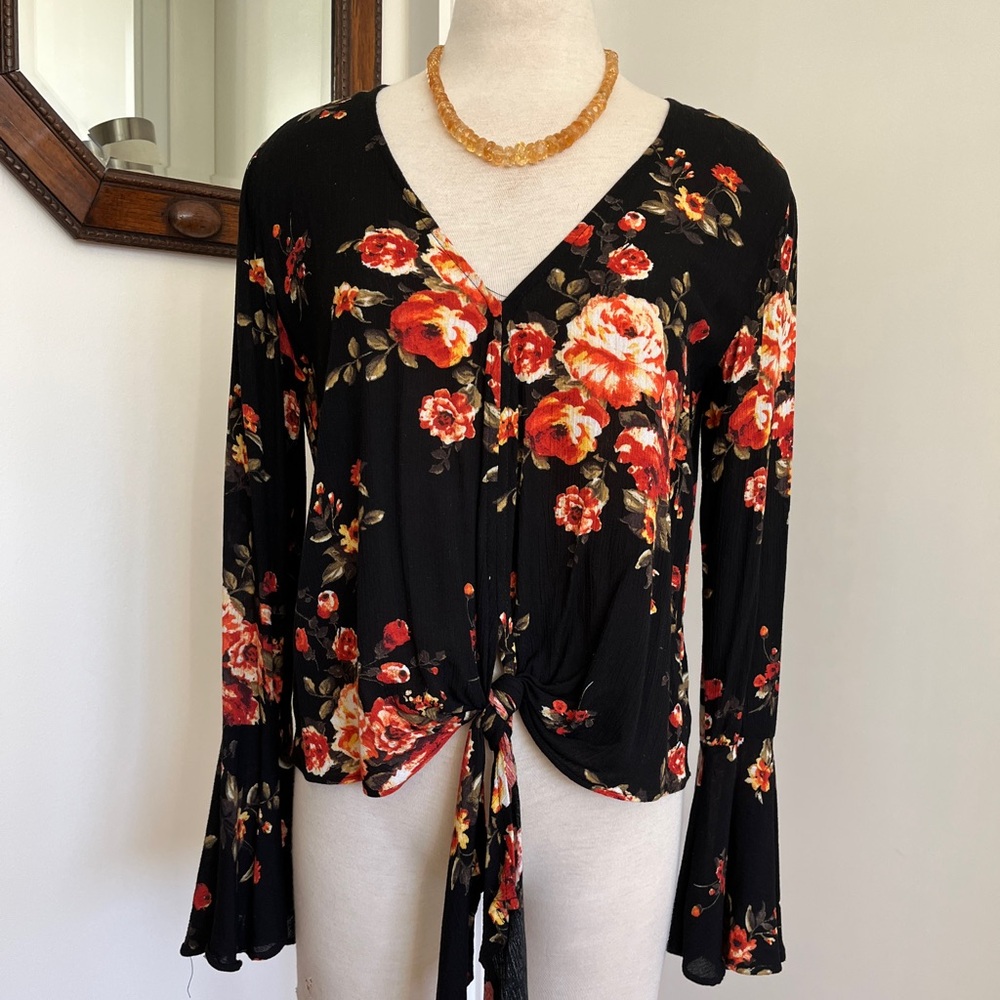 Floral Tie-Front Blouse in Black with Bell Sleeves